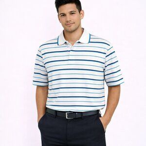 BLACK BROWN 1826 White Navy/Turquoise Stripes Short Slv Polo Golf Preppy Travel